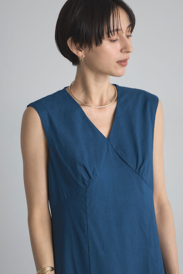 45rリネンワンピース Vネックリネンワンピース