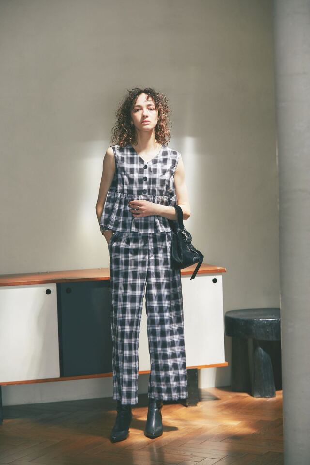 セットアップ ペプラム ノースリーブトップス パンツ チェック柄 セットアップ ペプラム ノースリーブトップス パンツ チェック柄
