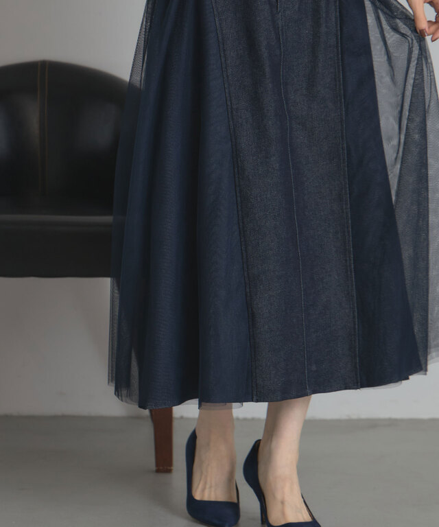 2023年 フォクシー　ドットチュールインナースカート付デニムスカート43289 2023年 フォクシー ドットチュールインナースカート付デニム