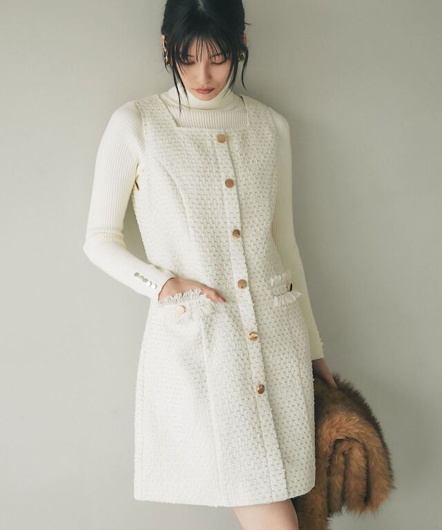 舞川あいくさん着用】フロントメタルボタンミックスツイードジャンスカ