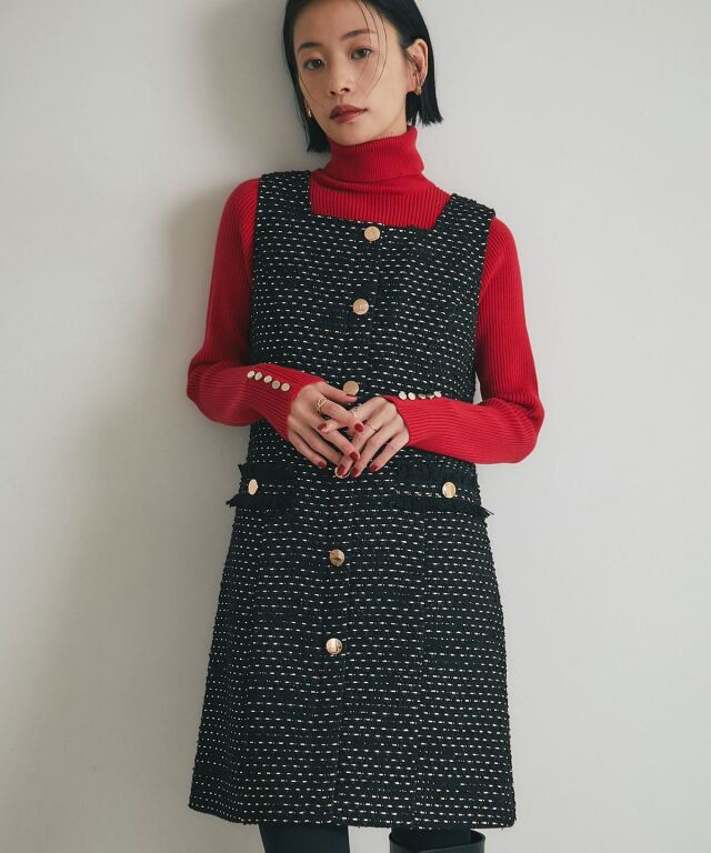 舞川あいくさん着用】フロントメタルボタンミックスツイードジャンスカ