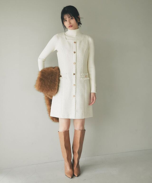 舞川あいくさん着用】フロントメタルボタンミックスツイードジャンスカ