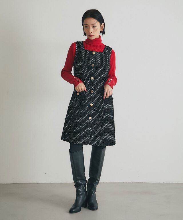 舞川あいくさん着用】フロントメタルボタンミックスツイードジャンスカ