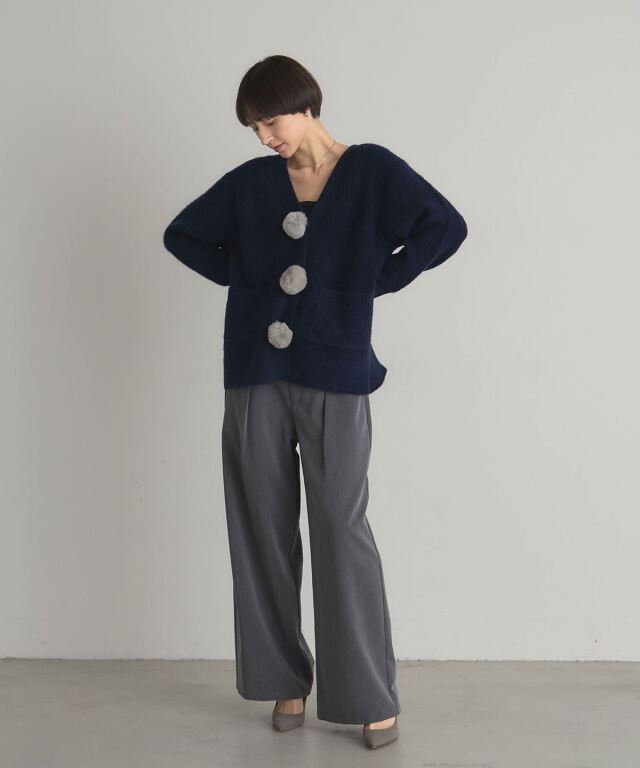 フロントぽんぽんファーロングカーディガン