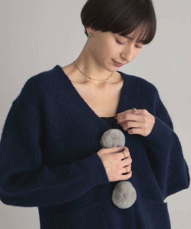 フロントぽんぽんファーロングカーディガン