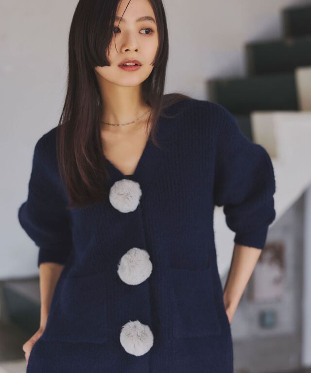 フロントぽんぽんファーロングカーディガン