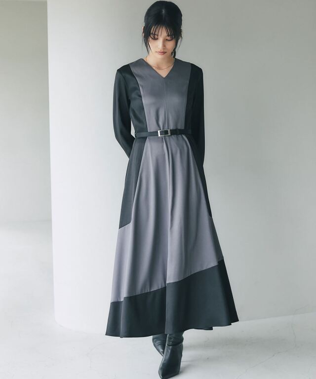 舞川あいくさん着用】ツートーンエレガンスワンピース