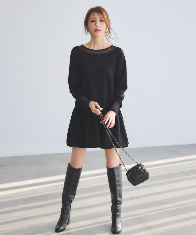 【美香さん着用】ラメシアーミックスカットバルーンワンピース