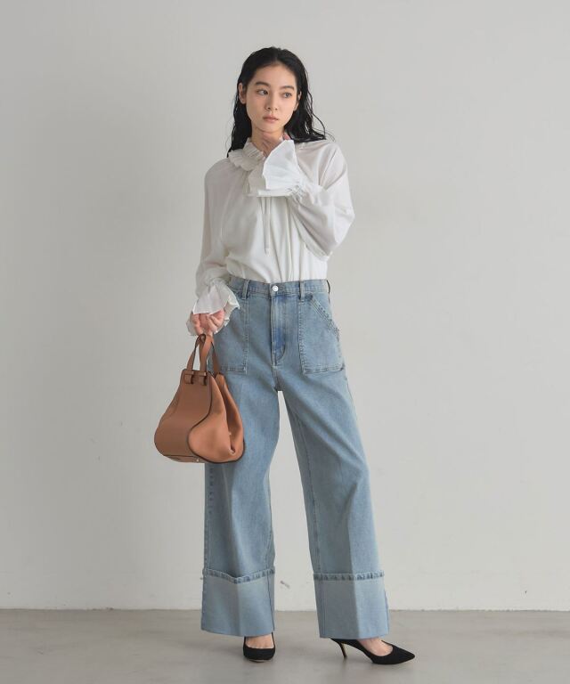 ヴィンテージ レトロ古着 フリル襟イニシャル刺繍ブラウス 金ボタン グレー系 シャツ ブラウス 40代 50代 60代 70代 80代 ミセス シニア