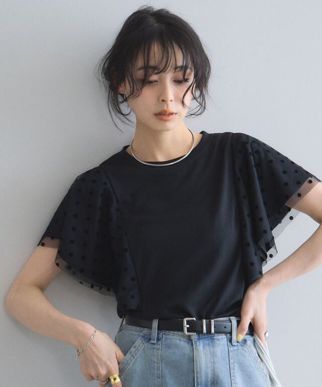 サカイドット柄フレアスリーブTシャツ ドットフレアスリーブカットソー トップス