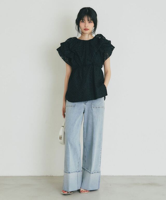 前後2WAY小花チュールボリュームタックブラウス