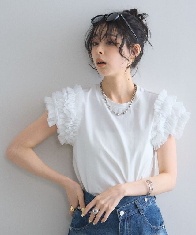 チュールフリルスリーブTシャツ