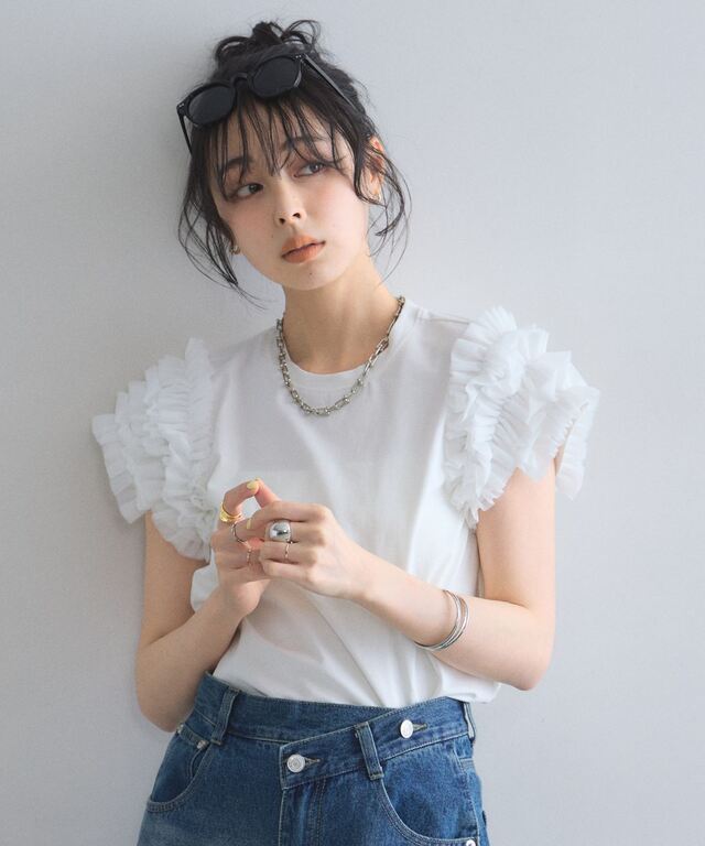しゅぷ チュールフリルスリーブTシャツ
