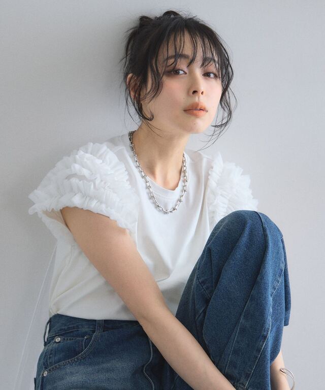 チュールフリルスリーブTシャツ
