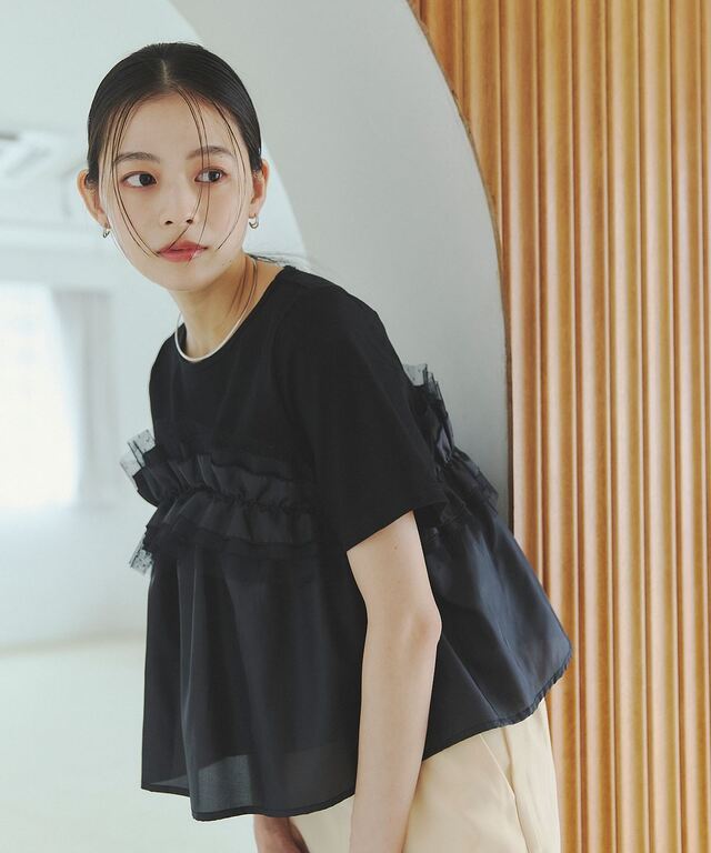 ドットチュールフリルレイヤードTシャツ