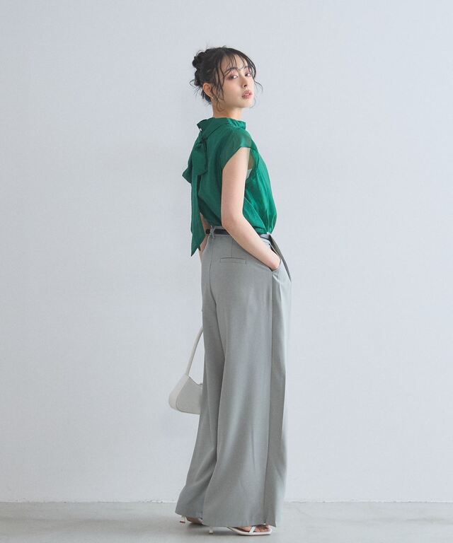 シアーボウタイブラウス&花柄ワンピースセット グリーン Sサイズ リュクスシアーボウタイブラウス
