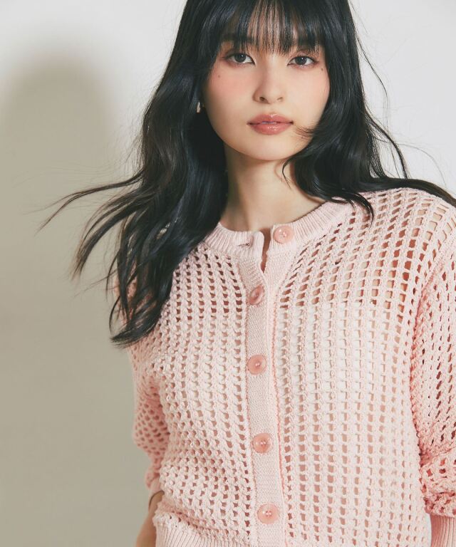 レオナール　透かし編みニット切替　ロング丈カーディガン　ピンク　春夏　38 透かし編みニットカーディガン
