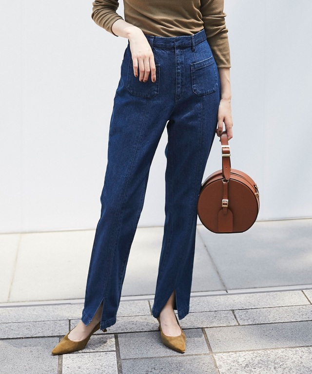 センタープレススリットストレートデニム