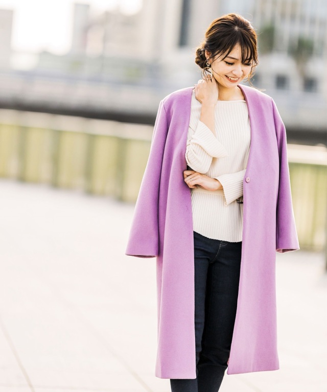 ウール混スムースタッチノーカラーコート