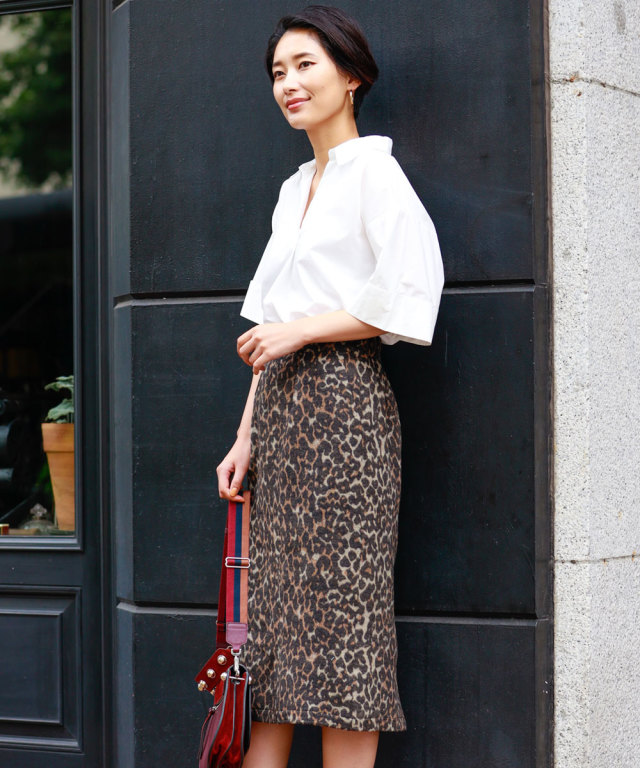 微シャギーレオパード柄タイトスカート