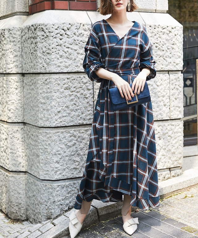 チェック柄カシュクールマキシワンピース チェック柄カシュクールマキシワンピース