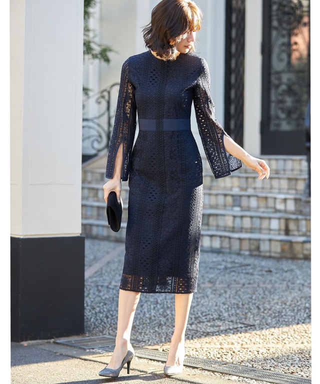 ストライプフラワーレースフレアスリーブワンピース