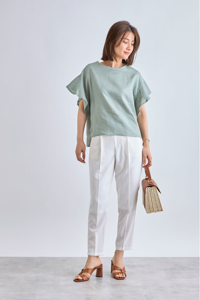 袖フリルフレンチリネンブラウス