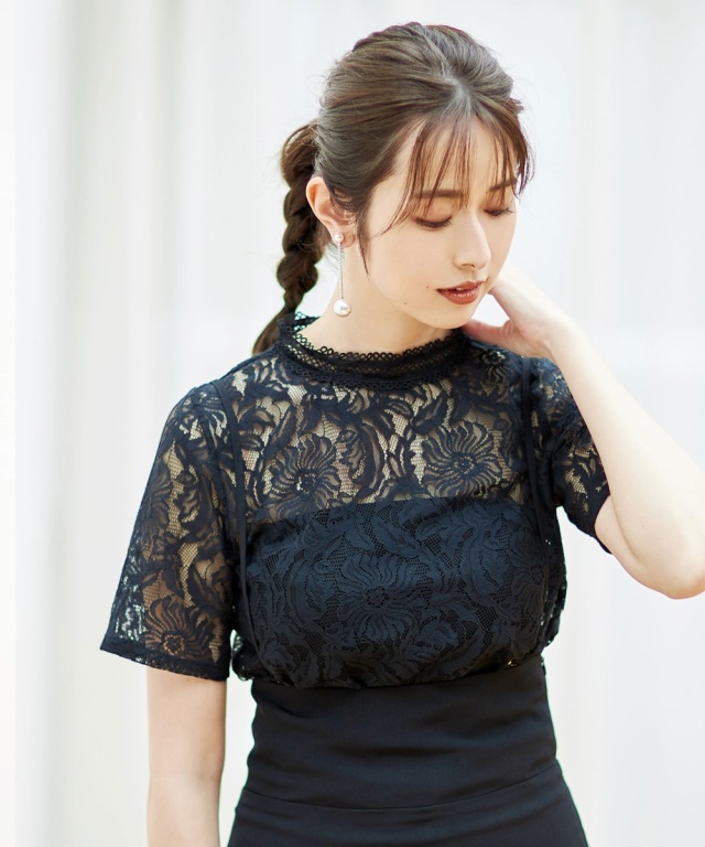 レーススタンドカラー半袖ブラウス