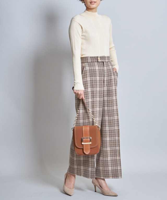 ★着画あり★マメクロゴウチ ランダムリブプレイドニットトップ ブラウン Random Ribbed Plaid Knitted Top