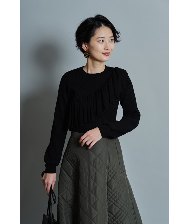 JUSGLITTY アシンメトリーフリルニット ブラック 黒 JUSGLITTY（ジャスグリッティー）の「アシメフリルリブニット