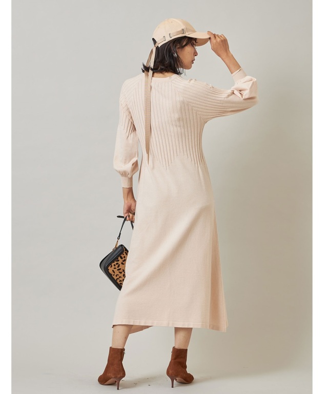 リブ切替キーネックニットワンピース