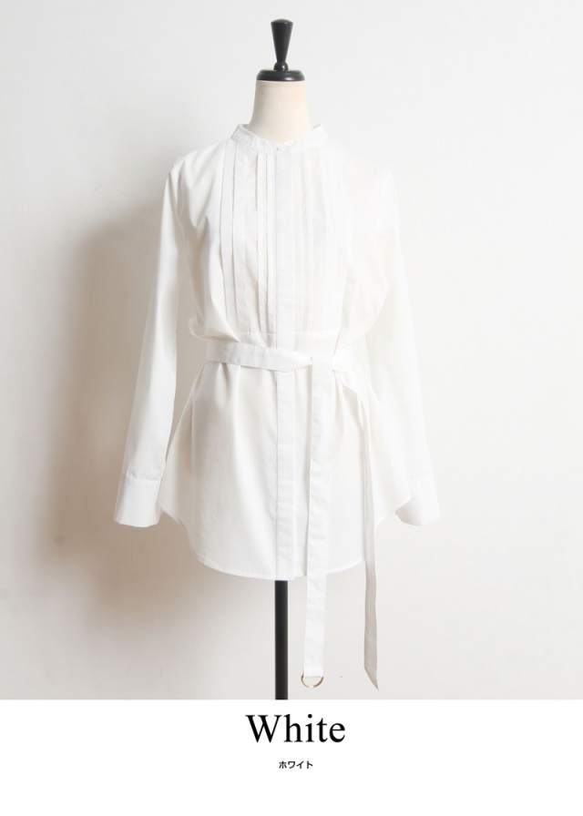 ホワイトタックシャツ 長袖 バンドカラータックシャツ