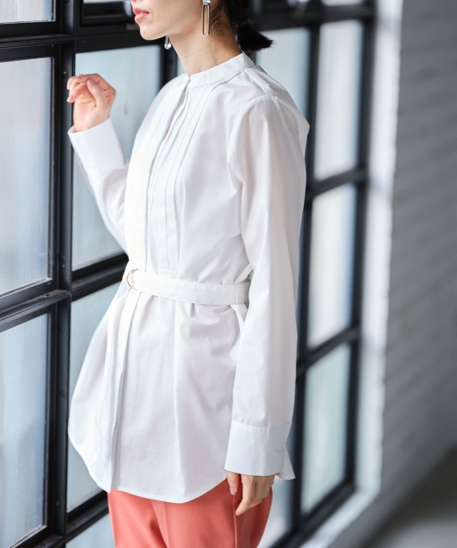 ホワイトタックシャツ 長袖 バンドカラータックシャツ