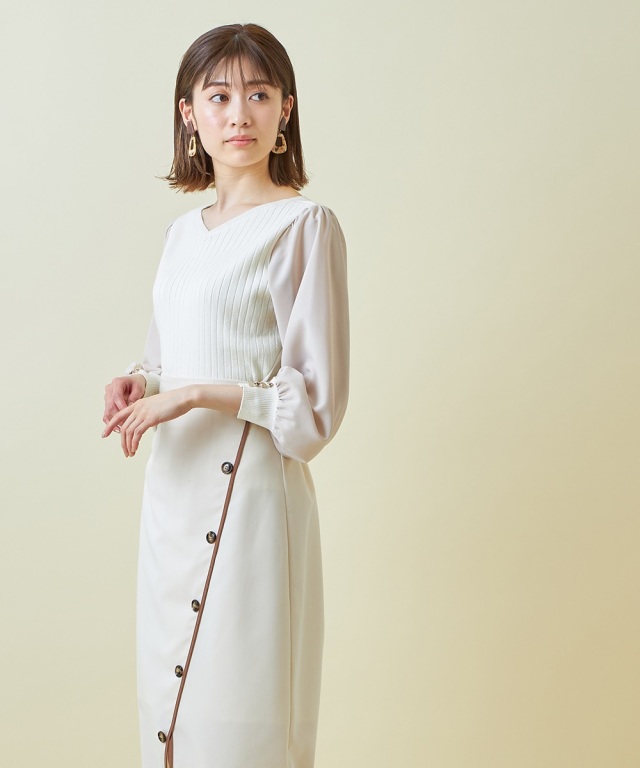 お揃いリボン【1082】 袖シフォン切り替えリブニット《一部の店舗のみ入荷》