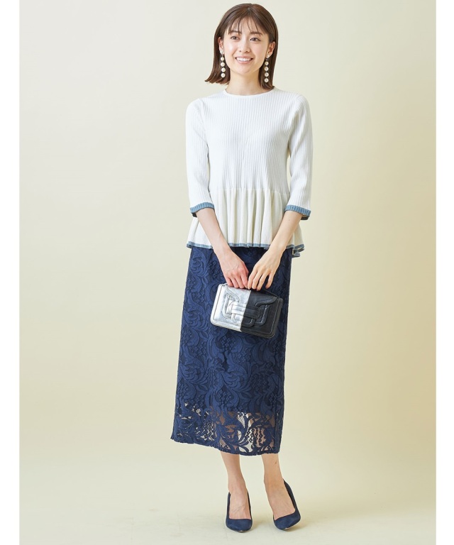 ペプラムニット 小林有里さん着用】七分袖配色ペプラムニットプルオーバー