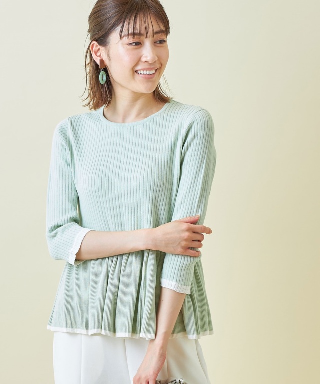 小林有里さん着用】七分袖配色ペプラムニットプルオーバー