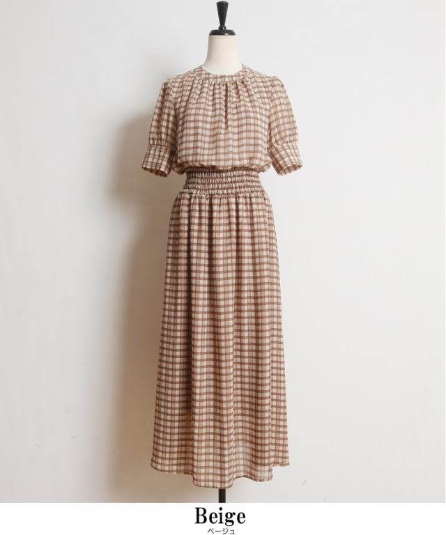 茶々　シアーチェックワンピース5部袖　定価3.4万 チェック柄フレア袖シアーワンピース（ワンピース）｜Tiaclasse