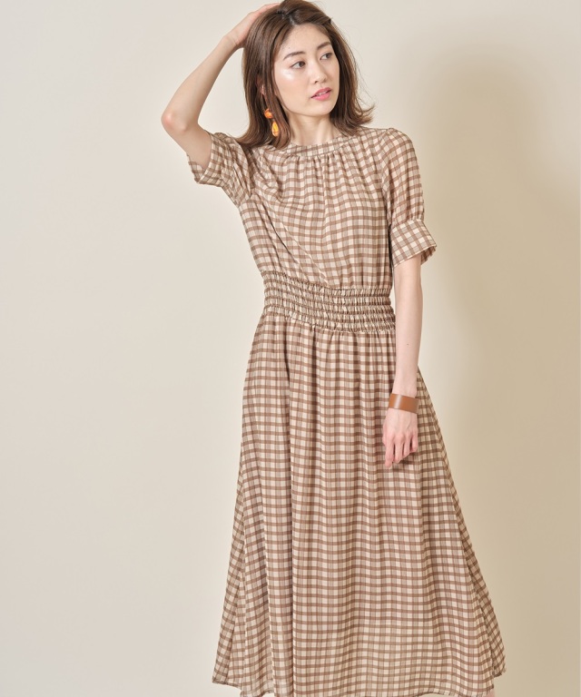 茶々　シアーチェックワンピース5部袖　定価3.4万 茶々 シアーチェックワンピース5部袖 定価3.4万 茶々 シアー