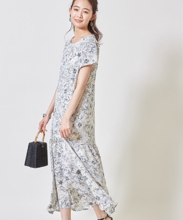 【2色】フラワー☆ワンピース コットン Aライン パフ袖 ミディ XS-Lサイズあり 【GINZA COUTURE/銀座クチュール】フラワー