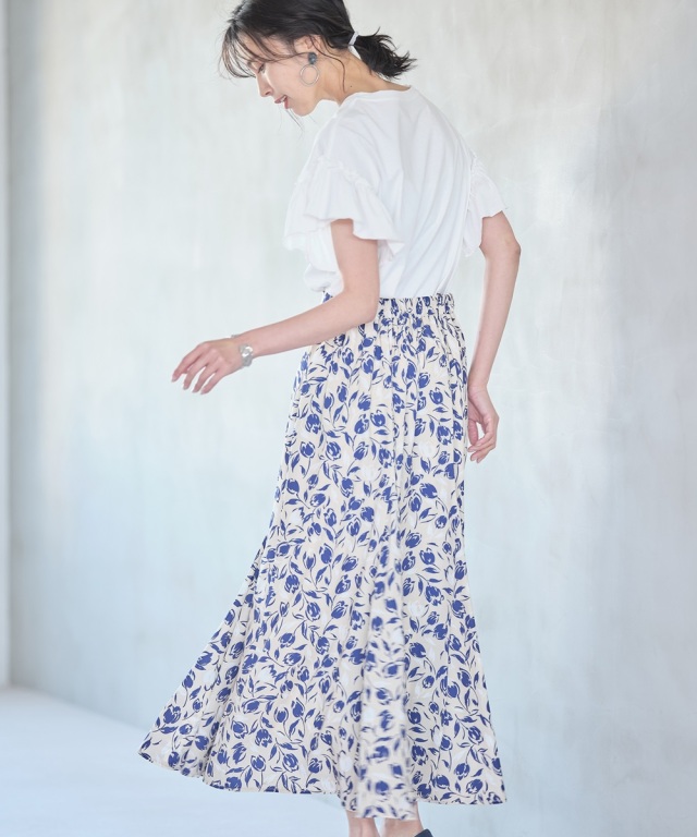 OBLI オブリ　チューリップ柄フレアスカート チューリッププリントフレアスカート《2021 SUMMER STYLE 》
