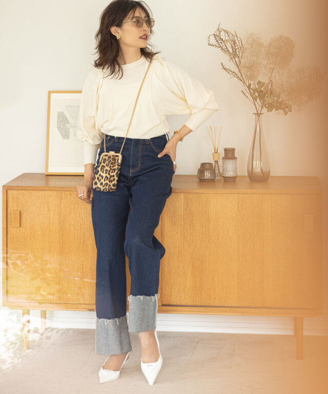 ANDREA&CO ラップデザインデニムパンツ ロールアップワイドデニムパンツ