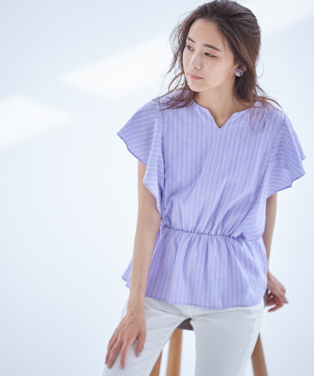 アロー aLORS Estelle Denim フレアスリーブブラウス インディゴ サイズ：S-M ストライプフレアスリーブブラウス