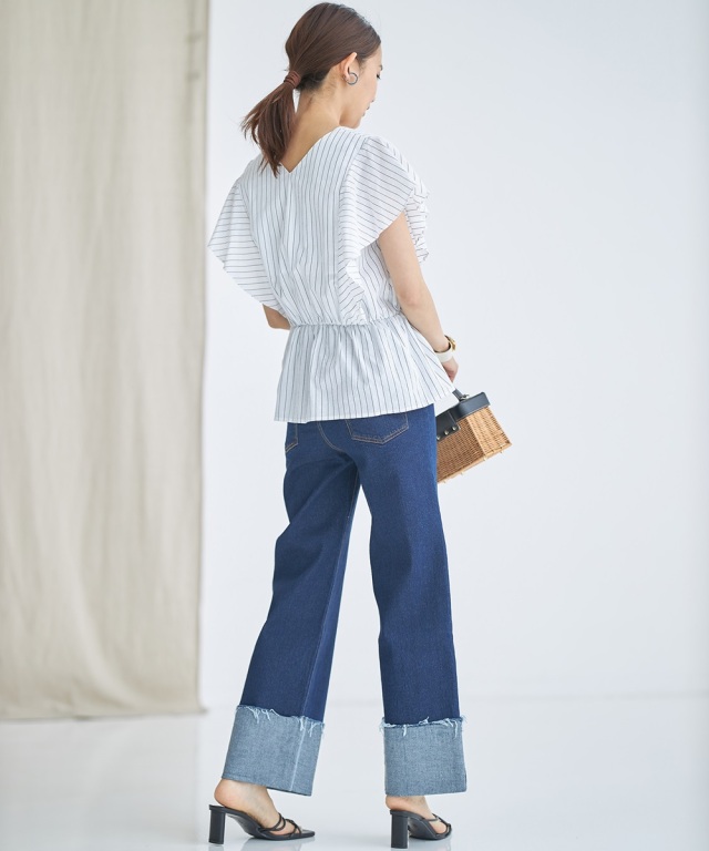 アロー aLORS Estelle Denim フレアスリーブブラウス インディゴ サイズ：S-M ストライプフレアスリーブブラウス