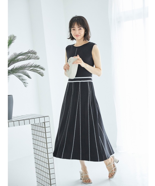kayme ラインニットワンピース　7号 エメラルドグリーン スクウェアネックサイドギャザーワンピース