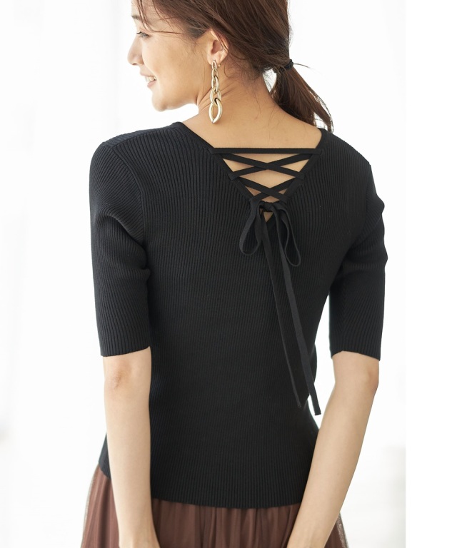 バックレースアップニットプルオーバー