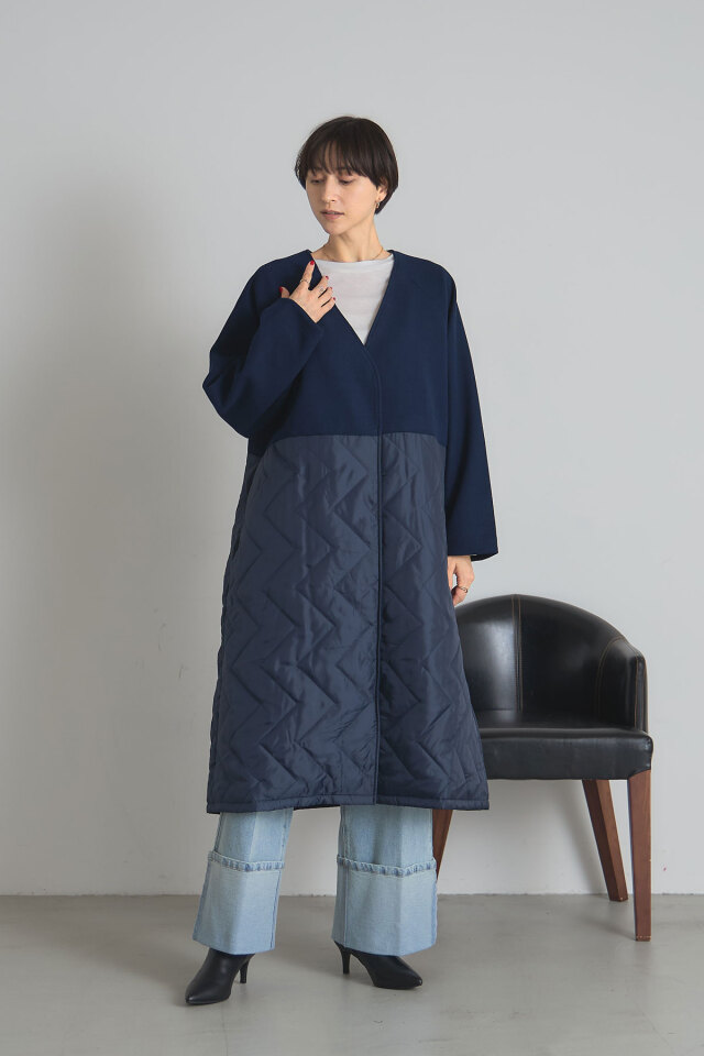 美品✨光沢感 レオナール ロングコート キルティング ニット 異素材 花 黒 L ラグランキルティングコート