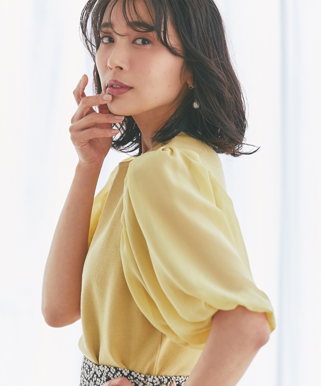 袖シフォンリブプルオーバー