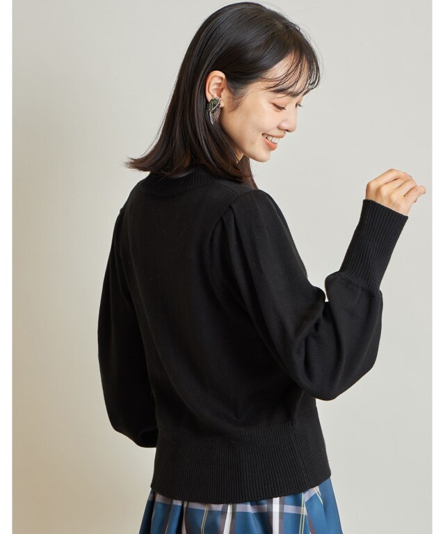 【uncrave】 デニムコンビ ボリュームスリーブニット ブラック 黒 綿タッチボリュームスリーブニットカーディガン