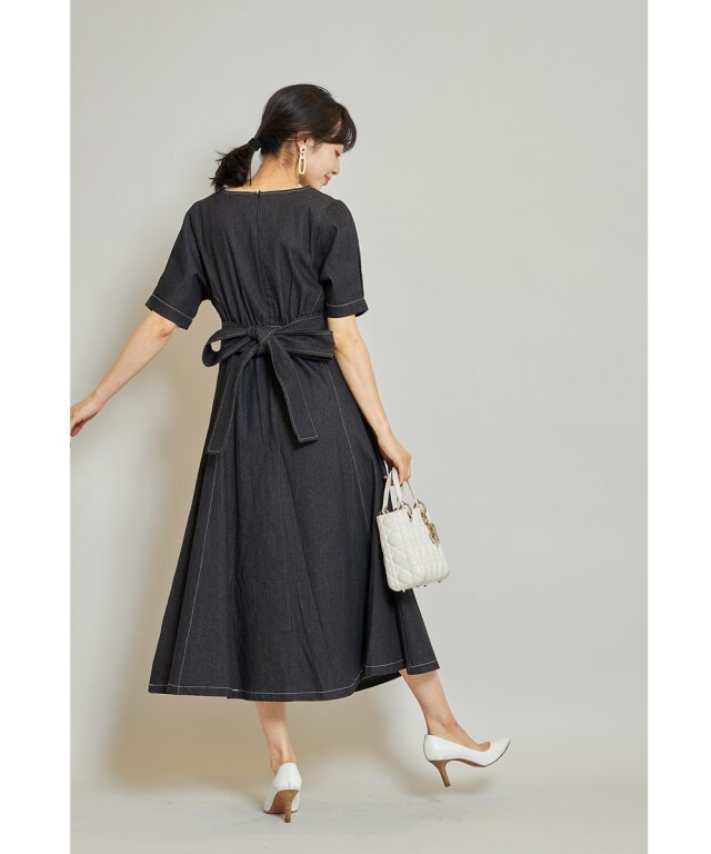 バックリボンデニムワンピース