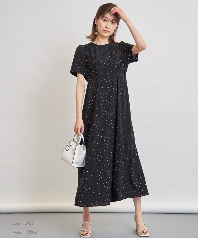 美品　23区　半袖ロングワンピース　ドット　総柄　シルク混　ネイビー　近年タグ 半袖タックロングワンピース